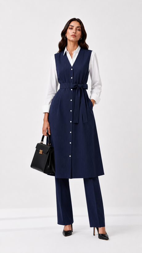 Woman wearing a navy blue sleeveless summer vest with belt and matching trousers, minimalist background.