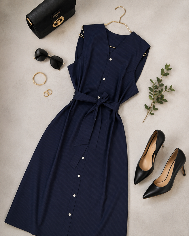 Woman wearing a navy blue sleeveless summer vest with belt and matching trousers, minimalist background.
