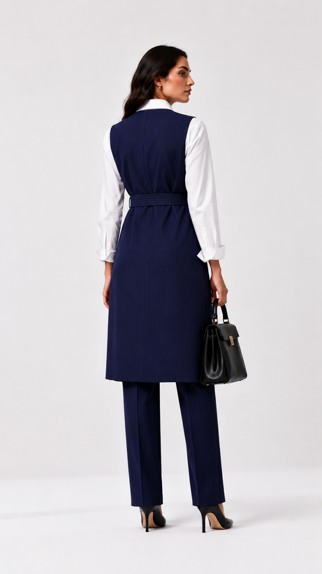 Woman wearing a navy blue sleeveless summer vest with belt and matching trousers, minimalist background.
