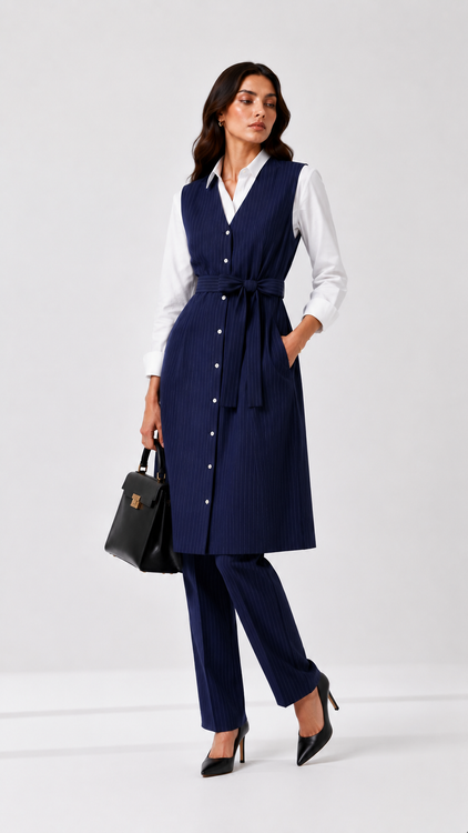 Woman wearing a navy blue sleeveless summer vest with belt and matching trousers, minimalist background.